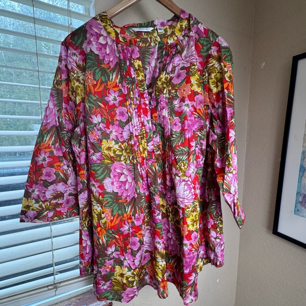 Liz Claiborne pink multi-colored floral pleated 3/4 sleeve tunic top | size 20W